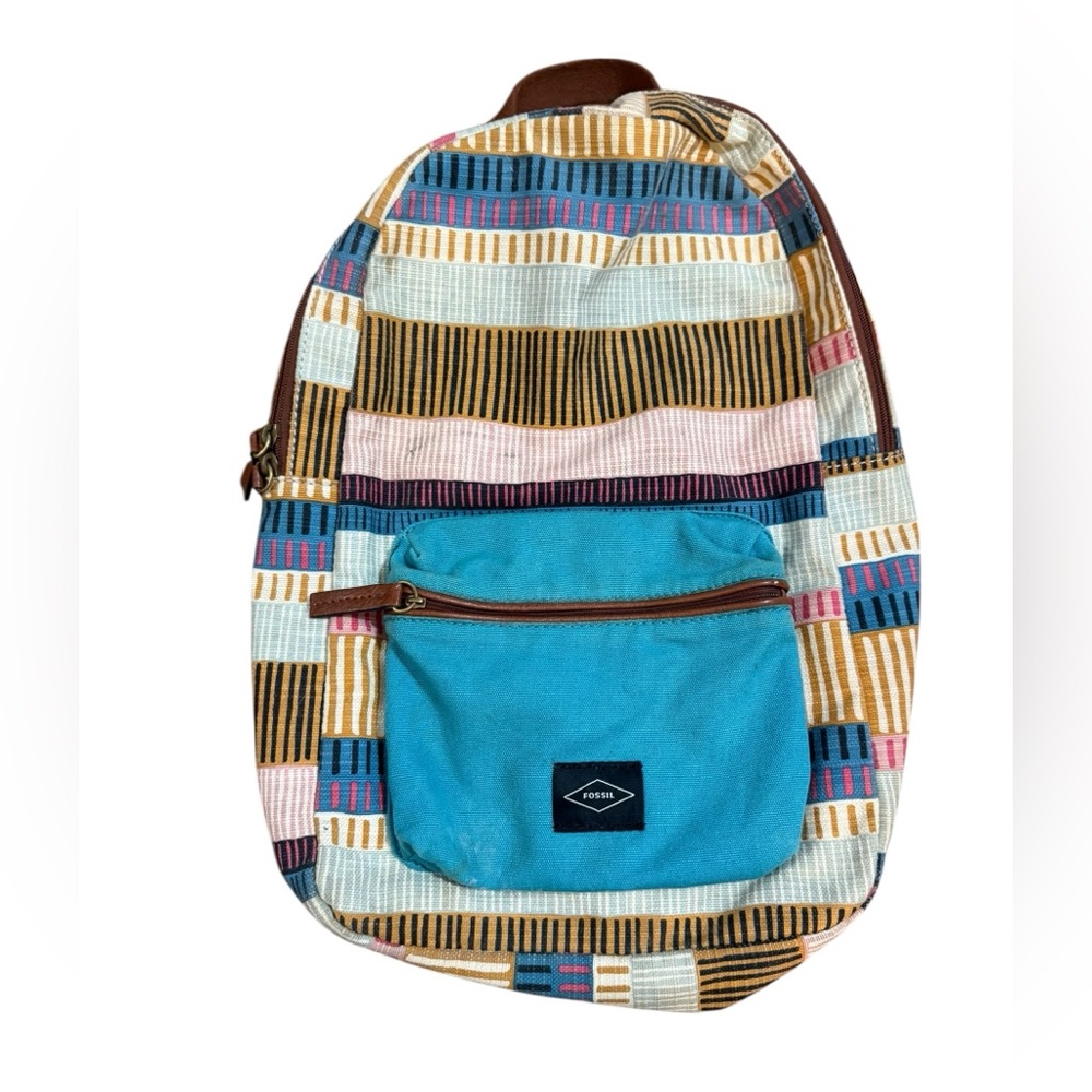 Fossil Multicolor Canvas Backpack Teal Blue Front Pocket Boho Retro Style